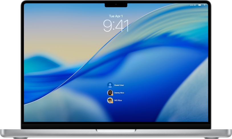 На компьютере Mac показан заблокированный экран входа в систему. В нижней части окна отображаются три учетные записи пользователей.