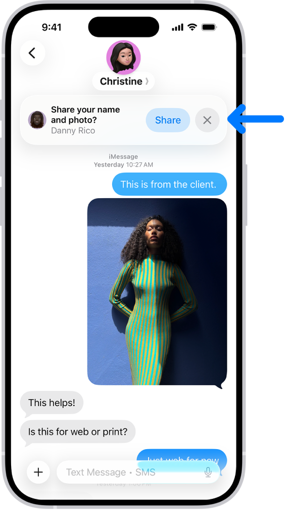 A conversation in Messages. A notification appears at the top asking whether the user’s name and photo should be shared with the other person in the conversation.