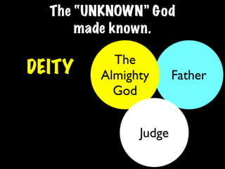 The “UNKNOWN” God
      made known.

          The
DEITY   Almighty      Father
          God


              Judge
 