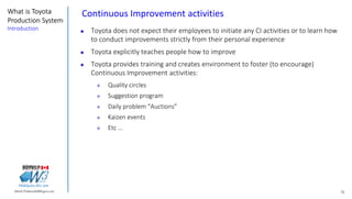 72Marek.Piatkowski@Rogers.com
What is Toyota
Production System
Introduction
Thinkingwin, Win, WIN
Continuous Improvement activities
 Toyota does not expect their employees to initiate any CI activities or to learn how
to conduct improvements strictly from their personal experience
 Toyota explicitly teaches people how to improve
 Toyota provides training and creates environment to foster (to encourage)
Continuous Improvement activities:
 Quality circles
 Suggestion program
 Daily problem “Auctions”
 Kaizen events
 Etc …
 
