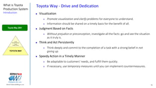 91Marek.Piatkowski@Rogers.com
What is Toyota
Production System
Introduction
Thinkingwin, Win, WIN
Toyota Way - Drive and Dedication
 Visualization
 Promote visualization and clarify problems for everyone to understand.
 Information should be shared on a timely basis for the benefit of all.
 Judgment Based on Facts
 Without prejudice or preconception, investigate all the facts: go and see the situation
as it truly is.
 Think and Act Persistently
 Think deeply and commit to the completion of a task with a strong belief in not
giving up.
 Speedy Action in a Timely Manner
 Be adaptable to customers’ needs, and fulfill them quickly.
 If necessary, use temporary measures until you can implement countermeasures.
Toyota
Business Practices
Toyota
Problem Solving
TOYOTA WAY
Toyota Way 2001
 