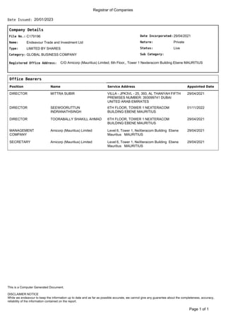 Registrar of Companies
20/01/2023
Date Issued:
Company Details
Date Incorporated:
Nature:
Sub Category:
Status:
29/04/2021
Private
Live
File No.:
Name:
C179196
Endeavour Trade and Investment Ltd
Type:
Category:
LIMITED BY SHARES
GLOBAL BUSINESS COMPANY
Registered Office Address: C/O Amicorp (Mauritius) Limited, 6th Floor,, Tower 1 Nexteracom Building Ebene MAURITIUS
Office Bearers
Position Name Service Address Appointed Date
DIRECTOR MITTRA SUBIR VILLA - JPK3VL - 25, 393, AL THANYAH FIFTH
PREMISES NUMBER: 393099741 DUBAI
UNITED ARAB EMIRATES
29/04/2021
DIRECTOR SEEWOORUTTUN
INDRANATHSINGH
6TH FLOOR, TOWER 1 NEXTERACOM
BUILDING EBENE MAURITIUS
01/11/2022
DIRECTOR TOORABALLY SHAKILL AHMAD 6TH FLOOR, TOWER 1 NEXTERACOM
BUILDING EBENE MAURITIUS
29/04/2021
MANAGEMENT
COMPANY
Amicorp (Mauritius) Limited Level 6, Tower 1, NeXteracom Building Ebene
Mauritius MAURITIUS
29/04/2021
SECRETARY Amicorp (Mauritius) Limited Level 6, Tower 1, NeXteracom Building Ebene
Mauritius MAURITIUS
29/04/2021
of 1
Page 1
DISCLAIMER NOTICE
While we endeavour to keep the information up to date and as far as possible accurate, we cannot give any guarantee about the completeness, accuracy,
reliability of the information contained on the report.
This is a Computer Generated Document.