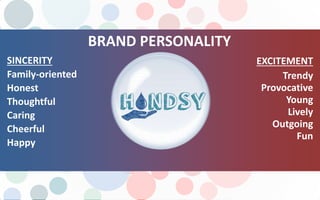 BRAND PERSONALITY
SINCERITY EXCITEMENT
Family-oriented
Honest
Thoughtful
Caring
Cheerful
Happy
Trendy
Provocative
Young
Lively
Outgoing
Fun