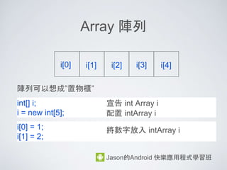 運算子：邏輯運算子
• 邏輯運算子 &&, ||, !
• && => And 運算, 左右兩邊條件都要過
• || => Or 運算, 左右兩邊條件要有一個過
• ! => Not, 得到的結果反過來, true 變 false, false 變
true
Jason的Android 快樂應用程式學習班
 