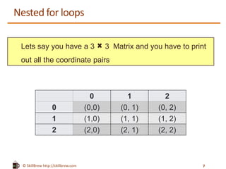 © SkillBrew http://skillbrew.com
Nested for loops
Lets say you have a 3 3 Matrix and you have to print
out all the coordinate pairs
0 1 2
0 (0,0) (0, 1) (0, 2)
1 (1,0) (1, 1) (1, 2)
2 (2,0) (2, 1) (2, 2)
7