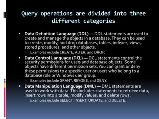 Transactions Transaction is a collection of dependent data modifications that is controlled so that it completes entirely or not at all. For example, bank transfer from an account to another account.database objects designed to maintain data integrity in a transactional environmentLocksConstraintsKeysIndexes