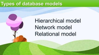 Types of database models

Hierarchical model
Network model
Relational model

 