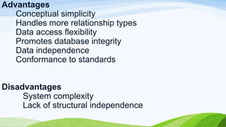 Advantages
Conceptual simplicity
Handles more relationship types
Data access flexibility
Promotes database integrity
Data independence
Conformance to standards
Disadvantages
System complexity
Lack of structural independence

 