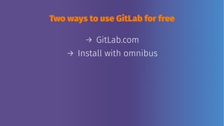 Two ways to use GitLab for free
→ GitLab.com
→ Install with omnibus