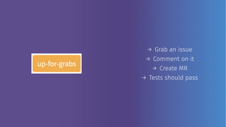 → Grab an issue
→ Comment on it
→ Create MR
→ Tests should pass