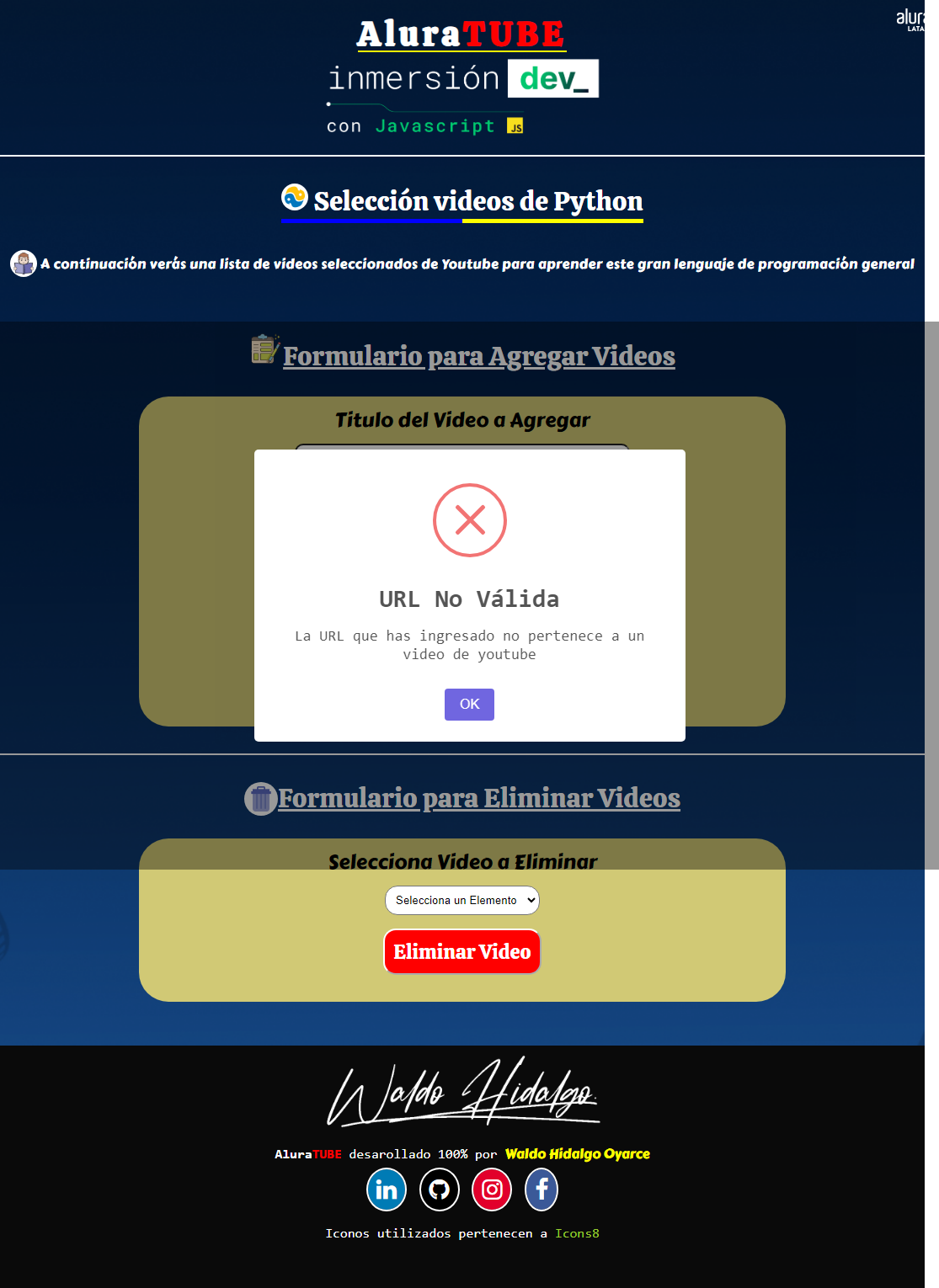 Alerta URL ingresada no es válida