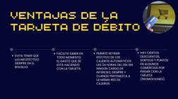 VENTAJAS DE LA
TARJETA DE DÉBITO
EVITA TENER QUE
LLEVAR EFECTIVO
SIEMPRE EN EL
BOLSILLO.
FACILITA SABER EN
TODO MOMENTO
EL GA