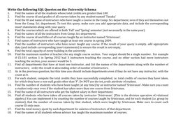 Write the following SQL Queries on the University Schema 
1. 
Find the names of all the students whose total credits are grea