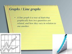 Graphs / Line graphs
• A line graph is a way of depicting
graphically how two quantities are
related, and how they vary in