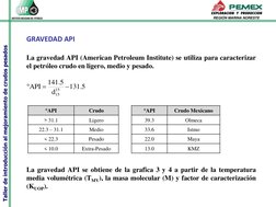 Taller de introducción al mejoramiento de crudos pesados
REGIÓN MARINA NORESTE
GRAVEDAD API
La gravedad API (American Petrol