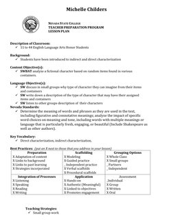 Michelle Childers 
 
 
NEVADA STATE COLLEGE 
TEACHER PREPARATION PROGRAM 
LESSON PLAN 
     
 
Description of Classroom:  
