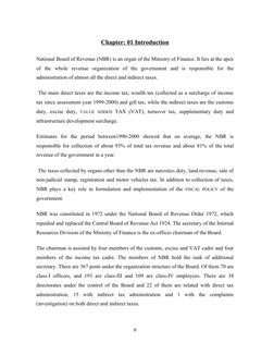 Chapter: 01 Introduction
National Board of Revenue (NBR) is an organ of the Ministry of Finance. It lies at the apex
of the