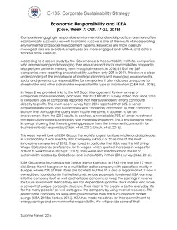 E-135: Corporate Sustainability Strategy 
 
Suzanne Farver, 2016 
Economic Responsibility and IKEA 
(Case, Week 7: Oct. 17-23