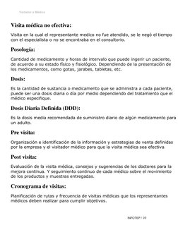 Visitador a Médico 
INFOTEP / 10 
 
 
 
 
Visita médica no efectiva: 
Visita en la cual el representante medico no fue atendi