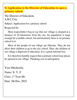 9) Application to the Director of Education in open a 
primary school. 
The Director of Education, 
A.B.C City. 
Subject: