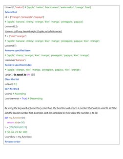 L.insert(1,"melon") # ['apple', 'melon', 'blackcurrent', 'watermelon', 'orange', 'kiwi']
Extend List
L2 = ["mango","pineapple