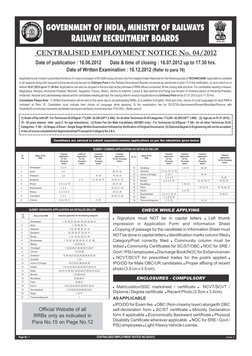 CENTRALISED EMPLOYMENT NOTICE No. 04/2012
Applications are invited in prescribed format on A-4 size bond paper of 80 GSM usi