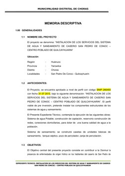 MUNICIPALIDAD DISTRITAL DE CHORAS
MEMORIA DESCRIPTIVA
1.00   GENERALIDADES
1.1
NOMBRE DEL PROYECTO
El proyecto se denomina: “