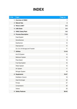 INDEX 
 
 
 
S. No. 
Topic 
Page no. 
1 Overview of ONGC 
1 
2 Natural Gas 
2 
3 What is LNG? 
2-3 
4 LNG Chain 
3-4 
5 ONGC