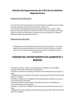 Relación del Departamento de A & B con los distintos
Departamentos
Departamento de Recepción:
Es el sector del restaurante, b