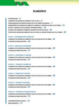 SUMÁRIO
INTRODUÇÃO | 5
CAMINHO DE DESENVOLVIMENTO DO ATLETA | 6
ORGANIZAÇÃO DA MODALIDADE DE ATLETISMO NO BRASIL | 7
DI