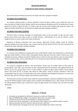 ORAÇÃO DE RENÚNCIA
A BENÇÃO DA CRUZ CONTRA A MALDIÇÃO
Em nome de Jesus de Nazaré,eu renuncio da minha vida, toda e qualqu