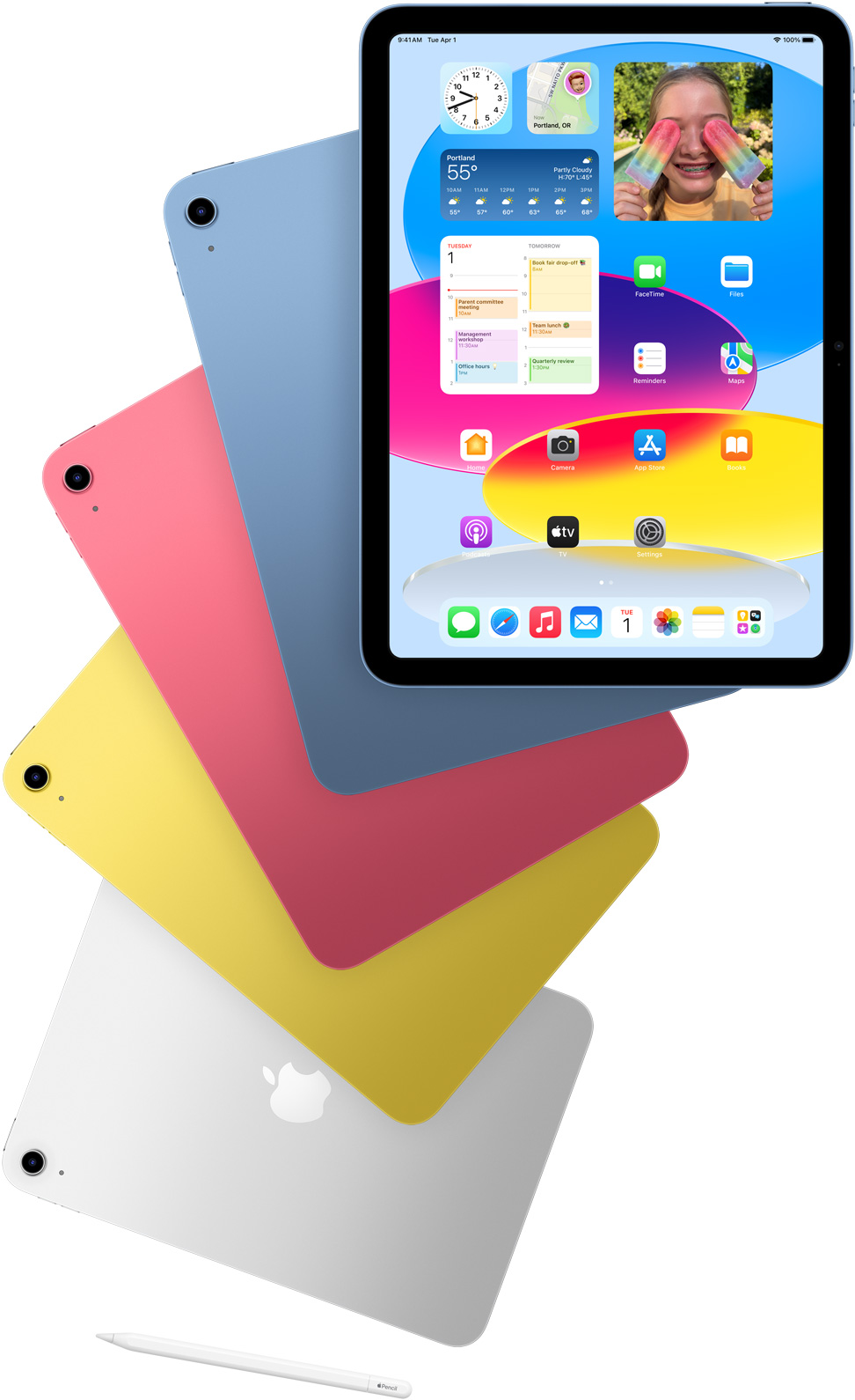 Вид спереду на iPad із відкритим головним екраном і пристрої iPad синього, рожевого, жовтого та сріблястого кольорів. Apple Pencil поруч із розташованими каскадом моделями iPad.