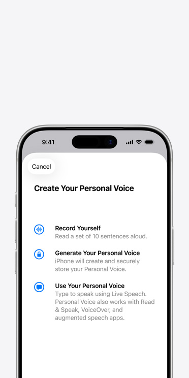 Ekran iPhone’a 17 Pro z widoczną funkcją Głosu indywidualnego i instrukcjami dotyczącymi tworzenia Głosu indywidualnego