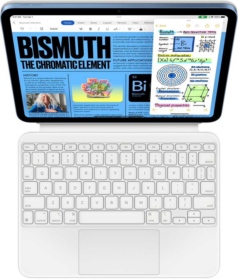 „iPad“ pritvirtintas prie „Magic Keyboard Folio“, ekrane rodomas „Slide Over“ režimas su programomis „Microsoft Word“ ir „Pastabos“, tuo pat metu vyksta „FaceTime“ skambutis.
