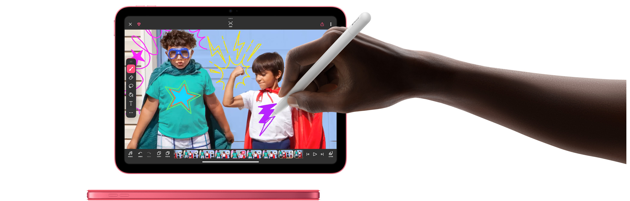En bruker holder Apple Pencil og tegner i bildemerking.