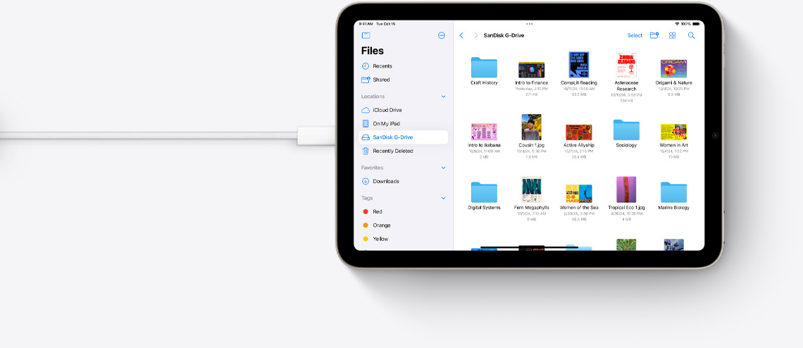 Fájlok egy fekvő nézetben lévő iPad minin, csatlakoztatott USB-C kábellel.