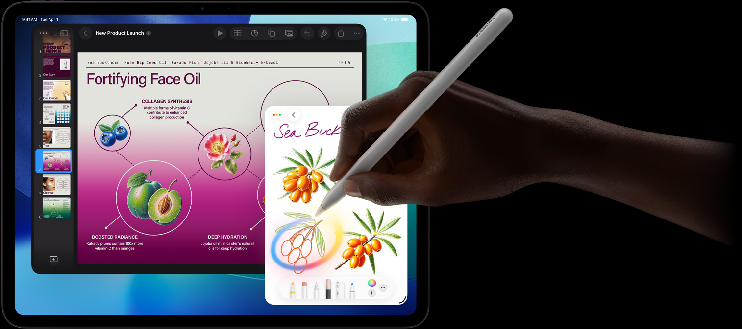 جهاز iPad Pro، الجزء الأمامي الخارجي من الشاشة مع خلفية متدرجة باللون الأزرق الداكن والأخضر تعرض تطبيقات متعددة مفتوحة، يد تحمل قلم Apple Pro وتضع دائرة على رسمة تُظهر ميزة عصا الصور السحرية في Apple Intelligence