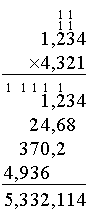 begin{array}{r}  {}_1 {hspace{0.05em}}_1phantom{0}   {}_1 {hspace{0.05em}}_1phantom{0}    1,234    	imes 4,321    hline  {}_1 phantom{,} {hspace{0.05em ,}}_1 {hspace{0.05em}}_1  {hspace{0.05em}}_1 phantom{,} {hspace{0.05em ,}}_1 phantom{00}    1,234    24,68phantom{0}    370,2phantom{00}    4,936phantom{,000}    hline   5,332,114 end{array}